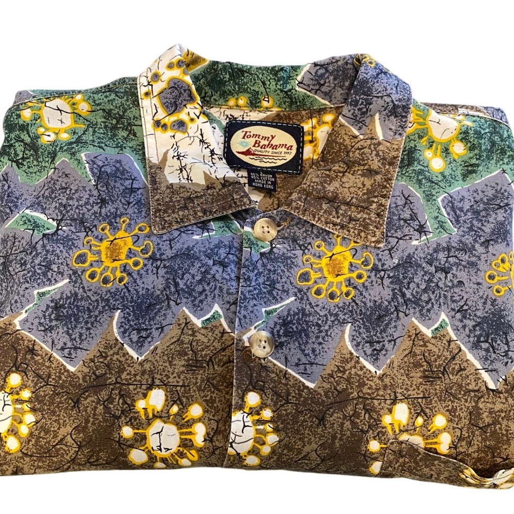 Vintage Tommy Bahama Mens Large Abstract Batik Floral Camp Shirt Hawaiian 90s